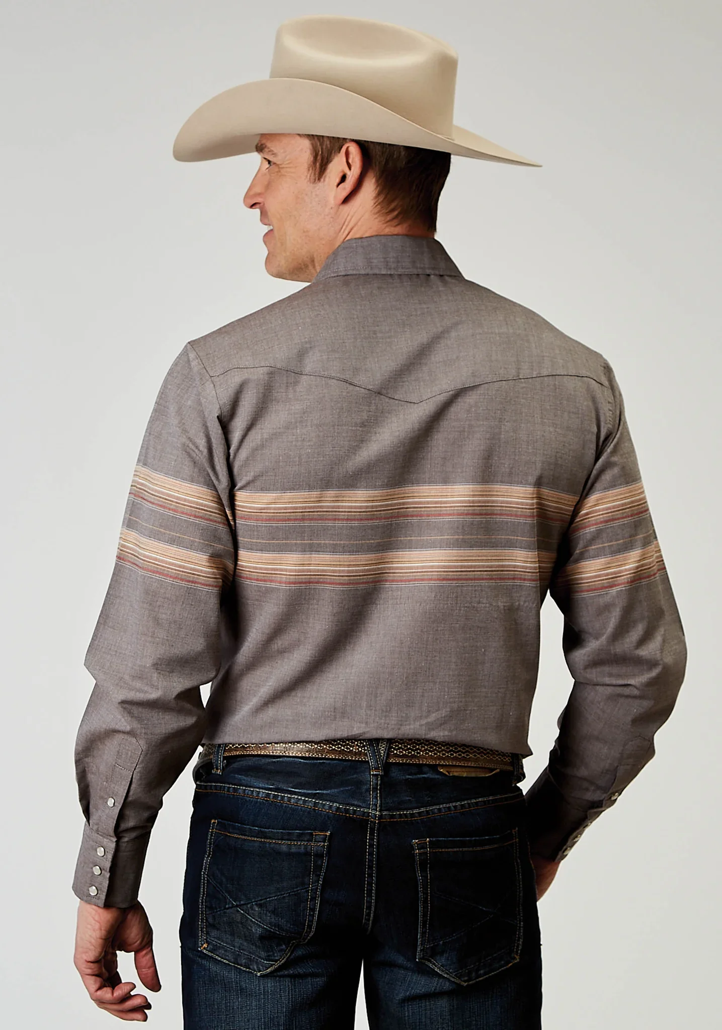Roper Mens Button Down Gray Border Stripe Shirt - Image 2