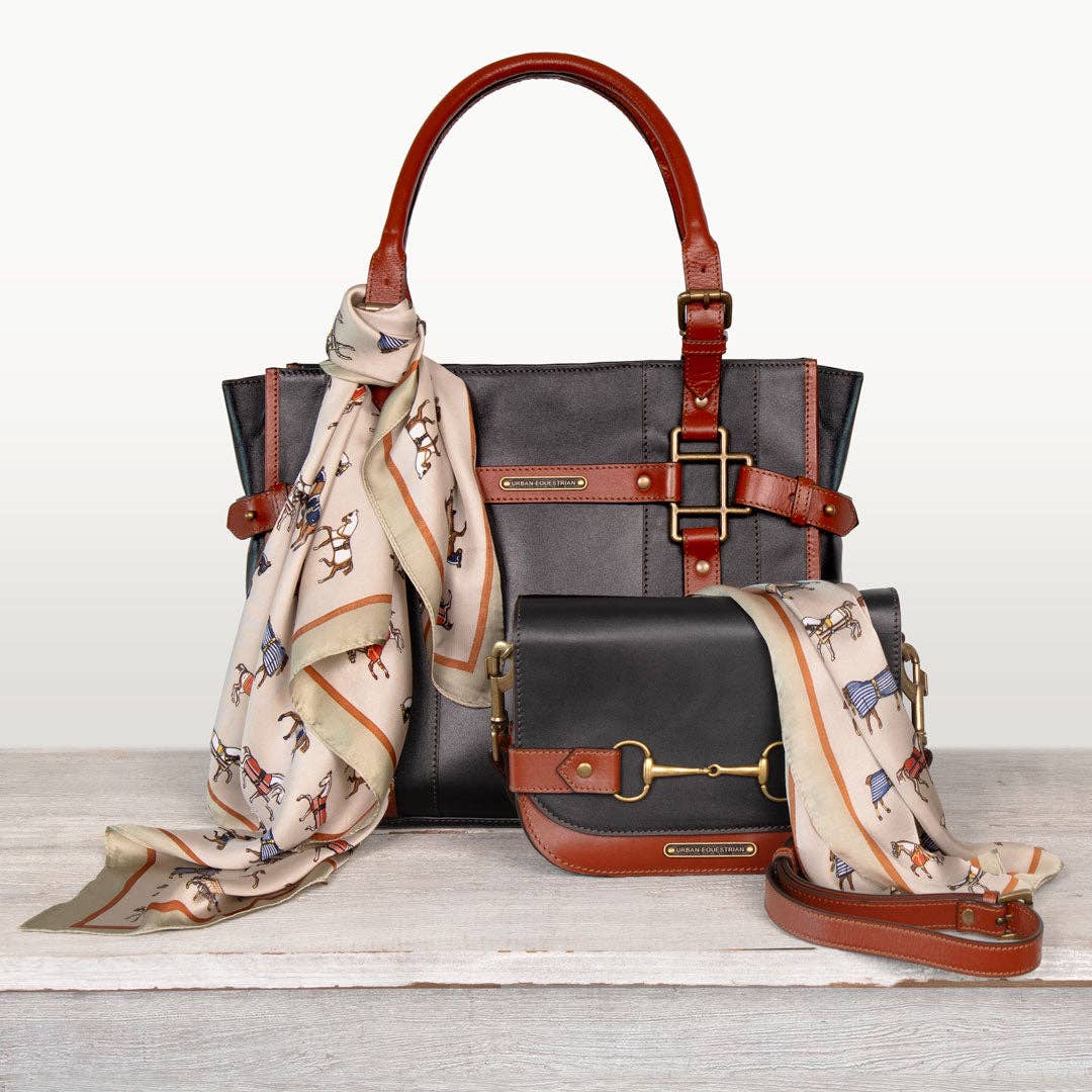 Saratoga- Horse Bit Crossbody Luxury Leather Handbag in Cognac on Black - Image 3